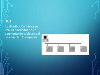 BUS
La distribución básica se
realiza alrededor de un
segmento de cable al cual
se conectan los equipos.
8
 