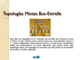 Topologías Mixtas Bus-Estrella Este tipo de topología es en realidad una estrella que funciona como si fuese en bus. Como punto central tiene un concentrador pasivo ( hub ) que implementa internamente el bus, y al que están conectados todos los ordenadores. La única diferencia que existe entre esta topología mixta y la topología en estrella con hub pasivo es el método de acceso al medio utilizado.  