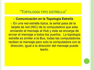 “TOPOLOGÍA TIPO ESTRELLA” 
 Comunicación en la Topología Estrella 
 En una red estrella típica, la señal pasa de la 
tarjeta de red (NIC) de la computadora que esta 
enviando el mensaje al Hub y este se encarga de 
enviar el mensaje a todos los puertos. La topología 
estrella es similar a la Bus, todas las computadoras 
reciben el mensaje pero solo la computadora con la 
dirección, igual a la dirección del mensaje puede 
leerlo. 
 