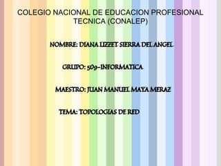 COLEGIO NACIONAL DE EDUCACION PROFESIONAL 
TECNICA (CONALEP) 
NOMBRE: DIANA LIZZET SIERRA DEL ANGEL 
GRUPO: 509-INFORMATICA 
MAESTRO: JUAN MANUEL MAYA MERAZ 
TEMA: TOPOLOGIAS DE RED 
 