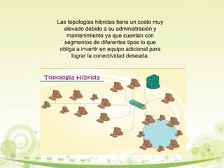 Las topologías hibridas tiene un costo muy 
elevado debido a su administración y 
mantenimiento ya que cuentan con 
segmentos de diferentes tipos lo que 
obliga a invertir en equipo adicional para 
lograr la conectividad deseada. 

