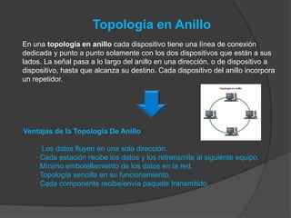 Topología en Anillo
En una topología en anillo cada dispositivo tiene una línea de conexión
dedicada y punto a punto solamente con los dos dispositivos que están a sus
lados. La señal pasa a lo largo del anillo en una dirección, o de dispositivo a
dispositivo, hasta que alcanza su destino. Cada dispositivo del anillo incorpora
un repetidor.
Ventajas de la Topología De Anillo
· Los datos fluyen en una sola dirección.
· Cada estación recibe los datos y los retransmite al siguiente equipo.
· Mínimo embotellamiento de los datos en la red.
· Topología sencilla en su funcionamiento.
· Cada componente recibe/envía paquete transmitido.
 