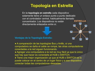 Topología en Estrella
En la topología en estrella cada dispositivo
solamente tiene un enlace punto a punto dedicado
con el controlador central, habitualmente llamado
concentrador. Los dispositivos no están
directamente enlazados entre sí.
Ventajas de la Topología Estrella:
● A comparación de las topologías Bus y Anillo, si una
computadora se daña el cable se rompe, las otras computadoras
conectadas a la red siguen funcionando.
● Agregar una computadora a la red es muy fácil ya que lo único
que hay que hacer es conectarla al HUB o SWITCH.
● Tiene una mejor organización ya que al HUB o SWITCH se lo
puede colocar en el centro de un lugar físico y a ese dispositivo
conectar todas las computadoras deseadas.
 