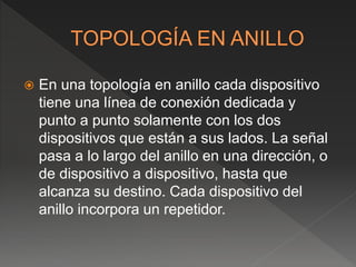  En una topología en anillo cada dispositivo
tiene una línea de conexión dedicada y
punto a punto solamente con los dos
dispositivos que están a sus lados. La señal
pasa a lo largo del anillo en una dirección, o
de dispositivo a dispositivo, hasta que
alcanza su destino. Cada dispositivo del
anillo incorpora un repetidor.
 