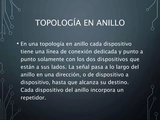 TOPOLOGÍA EN ANILLO
• En una topología en anillo cada dispositivo
tiene una línea de conexión dedicada y punto a
punto solamente con los dos dispositivos que
están a sus lados. La señal pasa a lo largo del
anillo en una dirección, o de dispositivo a
dispositivo, hasta que alcanza su destino.
Cada dispositivo del anillo incorpora un
repetidor.
 