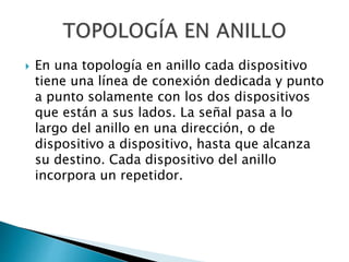  En una topología en anillo cada dispositivo
tiene una línea de conexión dedicada y punto
a punto solamente con los dos dispositivos
que están a sus lados. La señal pasa a lo
largo del anillo en una dirección, o de
dispositivo a dispositivo, hasta que alcanza
su destino. Cada dispositivo del anillo
incorpora un repetidor.
 