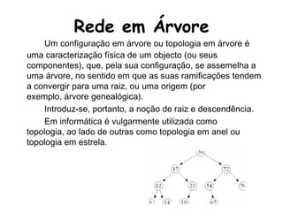 Rede em ÁrvoreUm configuração em árvore ou topologia em árvore é uma caracterização física de um objecto (ou seus componentes), que, pela sua configuração, se assemelha a uma árvore, no sentido em que as suas ramificações tendem a convergir para uma raiz, ou uma origem (por exemplo, árvore genealógica).		Introduz-se, portanto, a noção de raiz e descendência.		Em informática é vulgarmente utilizada como topologia, ao lado de outras como topologia em anel ou topologia em estrela.