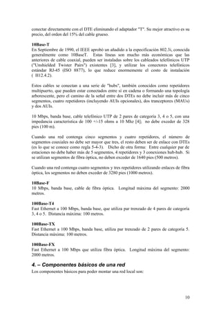 conectar directamente con el DTE eliminando el adaptador "T". Su mejor atractivo es su
precio, del orden del 15% del cable grueso.

10Base-T
En Septiembre de 1990, el IEEE aprobó un añadido a la especificación 802.3i, conocida
generalmente como 10BaseT. Estas líneas son mucho más económicas que las
anteriores de cable coaxial, pueden ser instaladas sobre los cableados telefónicos UTP
("Unshielded Twister Pairs") existentes [3], y utilizar los conectores telefónicos
estándar RJ-45 (ISO 8877), lo que reduce enormemente el costo de instalación
( H12.4.2).

Estos cables se conectan a una serie de "hubs", también conocidos como repetidores
multipuerto, que pueden estar conectados entre sí en cadena o formando una topología
arborescente, pero el camino de la señal entre dos DTEs no debe incluir más de cinco
segmentos, cuatro repetidores (incluyendo AUIs opcionales), dos tranceptores (MAUs)
y dos AUIs.

10 Mbps, banda base, cable telefónico UTP de 2 pares de categoría 3, 4 o 5, con una
impedancia característica de 100 +/-15 ohms a 10 Mhz [4]; no debe exceder de 328
pies (100 m).

Cuando una red contenga cinco segmentos y cuatro repetidores, el número de
segmentos coaxiales no debe ser mayor que tres, el resto deben ser de enlace con DTEs
(es lo que se conoce como regla 5-4-3). Dicho de otra forma: Entre cualquier par de
estaciones no debe haber más de 5 segmentos, 4 repetidores y 3 conexiones hub-hub. Si
se utilizan segmentos de fibra óptica, no deben exceder de 1640 pies (500 metros).

Cuando una red contenga cuatro segmentos y tres repetidores utilizando enlaces de fibra
óptica, los segmentos no deben exceder de 3280 pies (1000 metros).

10Base-F
10 Mbps, banda base, cable de fibra óptica. Longitud máxima del segmento: 2000
metros.

100Base-T4
Fast Ethernet a 100 Mbps, banda base, que utiliza par trenzado de 4 pares de categoría
3, 4 o 5. Distancia máxima: 100 metros.

100Base-TX
Fast Ethernet a 100 Mbps, banda base, utiliza par trenzado de 2 pares de categoría 5.
Distancia máxima: 100 metros.

100Base-FX
Fast Ethernet a 100 Mbps que utiliza fibra óptica. Longitud máxima del segmento:
2000 metros.

4. – Componentes básicos de una red
Los componentes básicos para poder montar una red local son:




                                                                                    10
 