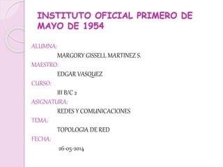 INSTITUTO OFICIAL PRIMERO DE
MAYO DE 1954
ALUMNA:
MARGORY GISSELL MARTINEZ S.
MAESTRO:
EDGAR VASQUEZ
CURSO:
III B/C 2
ASIGNATURA:
REDES Y COMUNICACIONES
TEMA:
TOPOLOGIA DE RED
FECHA:
26-05-2014
 