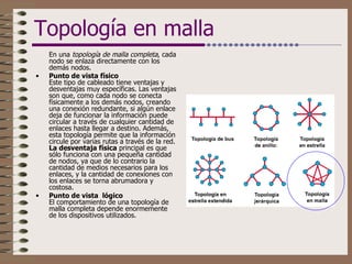 Topología en malla En una  topología de malla completa , cada nodo se enlaza directamente con los demás nodos.  Punto de vista físico  Este tipo de cableado tiene ventajas y desventajas muy específicas. Las ventajas son que, como cada nodo se conecta físicamente a los demás nodos, creando una conexión redundante, si algún enlace deja de funcionar la información puede circular a través de cualquier cantidad de enlaces hasta llegar a destino. Además, esta topología permite que la información circule por varias rutas a través de la red.  La desventaja física  principal es que sólo funciona con una pequeña cantidad de nodos, ya que de lo contrario la cantidad de medios necesarios para los enlaces, y la cantidad de conexiones con los enlaces se torna abrumadora y costosa.  Punto de vista  lógico   El comportamiento de una topología de malla completa depende enormemente de los dispositivos utilizados.  