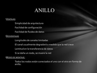 ANILLO
•VENTAJAS
        Simplicidad de arquitectura
        Facilidad de configuración
        Facilidad de fluidez de datos
•DESVENTAJAS
        Longitudes de canales limitadas
        El canal usualmente degradará a medida que la red crece
        Lentitud en la transferencia de datos
        Si se daña un nodo, se muere la red
•MODO DE MONTAJE:
        Todos los nodos están conectados el uno con el otro en forma de
        anillo.
 