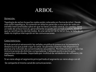 ARBOL
DEFINICIÓN:
Topología de red en la que los nodos están colocados en forma de árbol. Desde
una visión topológica, la conexión en árbol es parecida a una serie de redes en
estrella interconectadas salvo en que no tiene un nodo central. En cambio, tiene
un nodo de enlace troncal, generalmente ocupado por un hub o switch, desde el
que se ramifican los demás nodos. Es una variación de la red en bus, la falla de un
nodo no implica interrupción en las comunicaciones


CARACTERÍSTICAS:
El hub central al retransmitir las señales amplifica la potencia e incrementa la
distancia a la que puede viajar la señal. Se permite conectar más dispositivos
gracias a la inclusión de concentradores secundarios. Permite priorizar y aislar las
comunicaciones de distintas computadoras. Cableado punto a punto para
segmentos individuales. Soportado por multitud de vendedores de software y de
hardware.
Si se viene abajo el segmento principal todo el segmento se viene abajo con él.
Se comparte el mismo canal de comunicaciones.
 