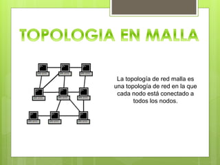 La topología de red malla es
una topología de red en la que
cada nodo está conectado a
todos los nodos.
 