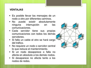 VENTAJAS
 Es posible llevar los mensajes de un
nodo a otro por diferentes caminos.
 No puede existir absolutamente
ninguna interrupción en las
comunicaciones.
 Cada servidor tiene sus propias
comunicaciones con todos los demás
servidores.
 Si falla un cable el otro se hará cargo
del tráfico.
 No requiere un nodo o servidor central
lo que reduce el mantenimiento.
 Si un nodo desaparece o falla no
afecta en absoluto a los demás nodos.
 Si desaparece no afecta tanto a los
nodos de redes.
 
