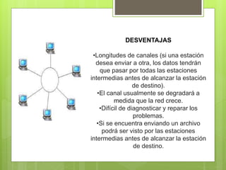 DESVENTAJAS
•Longitudes de canales (si una estación
desea enviar a otra, los datos tendrán
que pasar por todas las estaciones
intermedias antes de alcanzar la estación
de destino).
•El canal usualmente se degradará a
medida que la red crece.
•Difícil de diagnosticar y reparar los
problemas.
•Si se encuentra enviando un archivo
podrá ser visto por las estaciones
intermedias antes de alcanzar la estación
de destino.
 