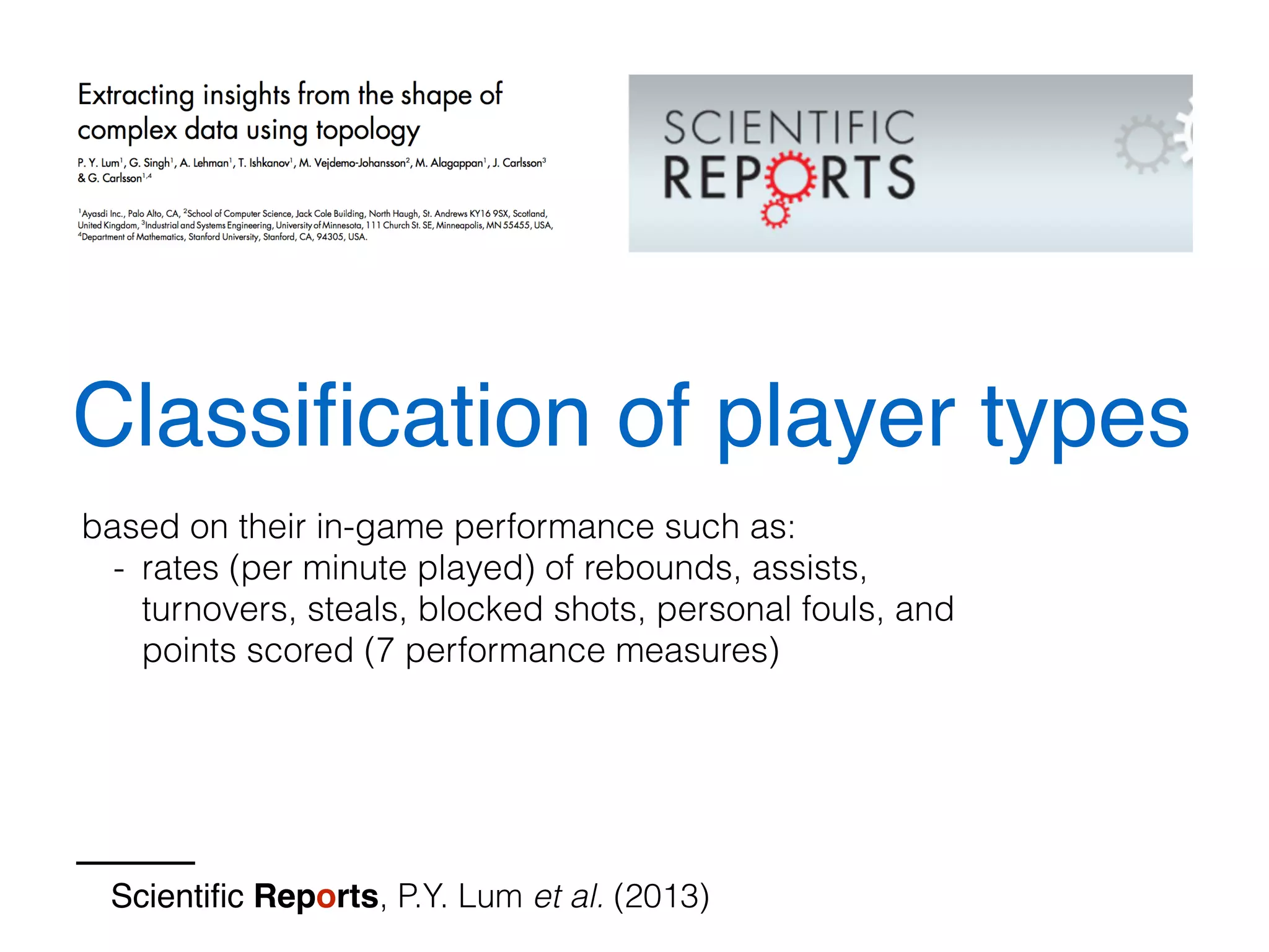 Sunghyon Kyeong (Yonsei University) | sunghyon.kyeong@gmail.com | Topological Data Analysis: Methods and Examples | p
0
4
8
12
1 2 3 4 5
20
Distance & Clustering
• Single linkage dengrogram is used for clustering point clouds based on
distance between two nodes.
0
3
6
9
1 2 3 4 5
Magic Fudge is the number of
bins in the distribution of the
distance obtained from single
linkage dendrogram.
No. of clusters are estimated
from the number of continuous
bins having zero elements.
1 Cluster
2 Clusters
 