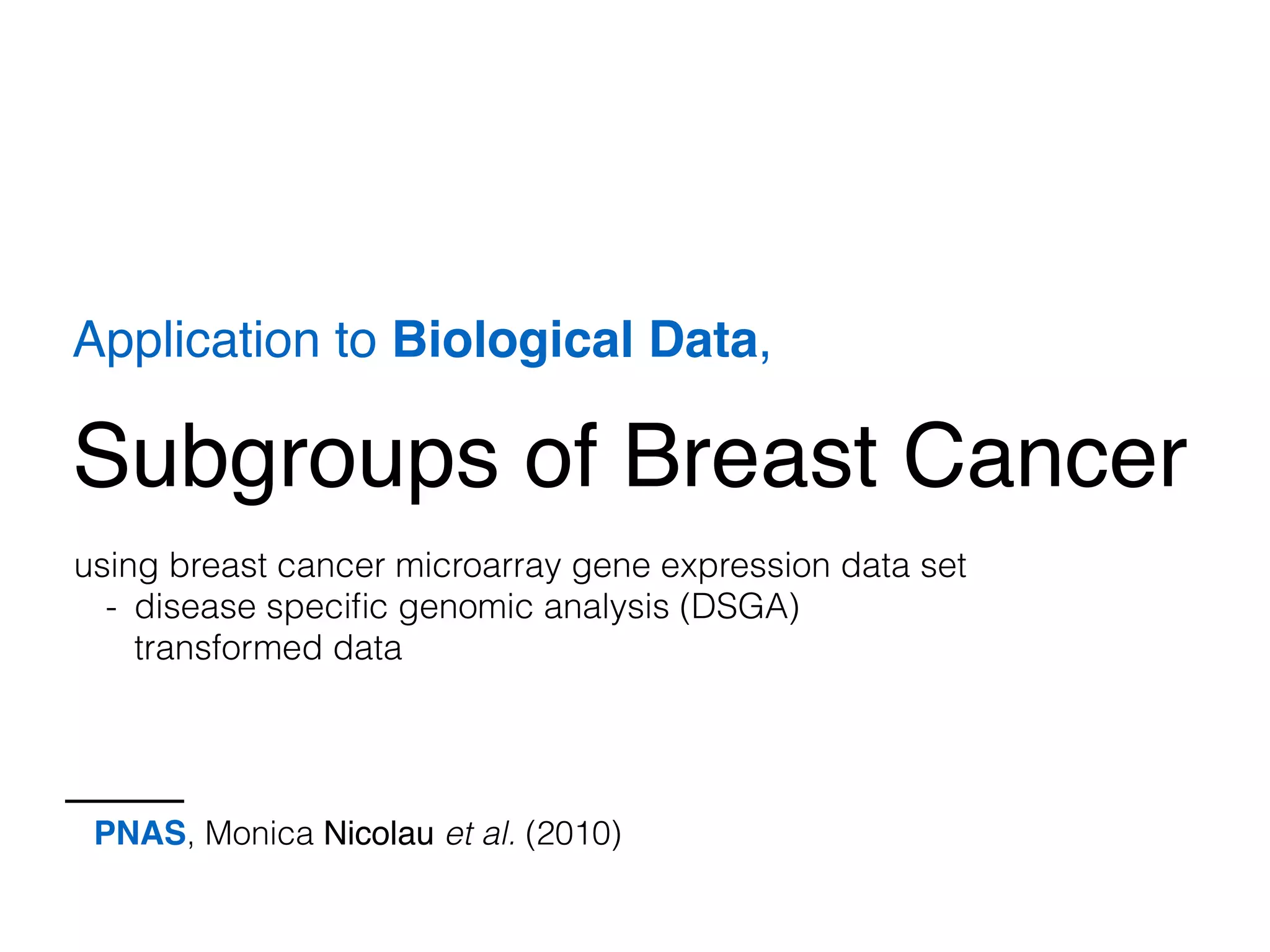 Sunghyon Kyeong (Yonsei University) | sunghyon.kyeong@gmail.com | Topological Data Analysis: Methods and Examples | p 22
Topology extraction
Filter Range
Intervals
Overlap
Magic Fudge
: 0 ~ 2
: 5
: 50%
: 5
Filter
Partial Clustering
The size of node represents
the number of point clouds
in each node.
 