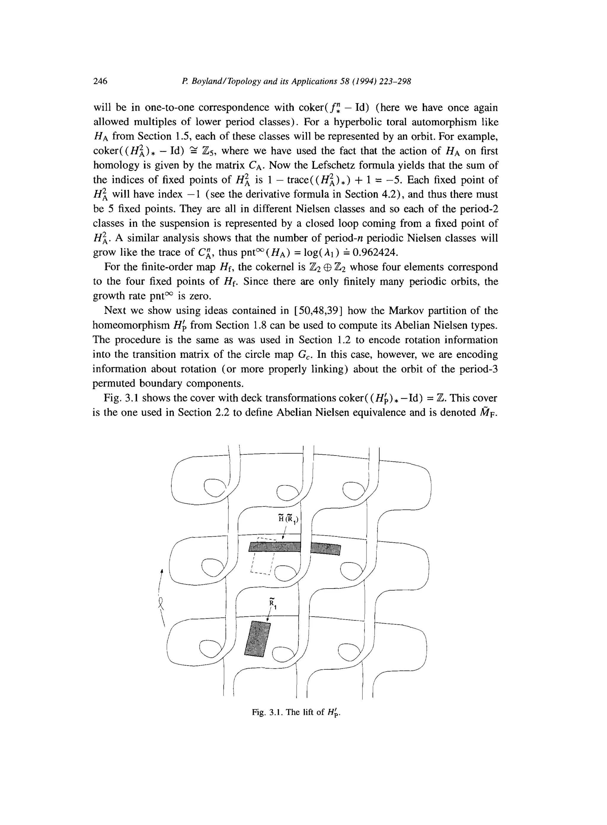 246 R Boyland/Topology and its Applications 58 (1994) 223-298
will be in one-to-one correspondence with coker( f: - Id) (here we have once again
allowed multiples of lower period classes). For a hyperbolic toral automorphism like
HA from Section 1.5, each of these classes will be represented by an orbit. For example,
coker( (Hi) * - Id) 2 Zs, where we have used the fact that the action of HA on first
homology is given by the matrix CA. Now the Lefschetz formula yields that the sum of
the indices of fixed points of Hi is 1 - trace( (Hi),) + 1 = -5. Each fixed point of
Hi will have index - 1 (see the derivative formula in Section 4.2)) and thus there must
be 5 fixed points. They are all in different Nielsen classes and so each of the period-2
classes in the suspension is represented by a closed loop coming from a fixed point of
Hi. A similar analysis shows that the number of period-n periodic Nielsen classes will
grow like the trace of Ci, thus pnP ( HA) = log( At ) - 0.962424.
For the finite-order map Hf, the cokernel is & @ & whose four elements correspond
to the four fixed points of Hf. Since there are only finitely many periodic orbits, the
growth rate pnP is zero.
Next we show using ideas contained in [50,48,39] how the Markov partition of the
homeomorphism HL from Section 1.8 can be used to compute its Abelian Nielsen types.
The procedure is the same as was used in Section 1.2 to encode rotation information
into the transition matrix of the circle map G,. In this case, however, we are encoding
information about rotation (or more properly linking) about the orbit of the period-3
permuted boundary components.
Fig. 3.1 shows the cover with deck transformations coker( (Hb) * -Id) = Z. This cover
is the one used in Section 2.2 to define Abelian Nielsen equivalence and is denoted A?i;l~.
Fig. 3.1. The lift of Hk.
 