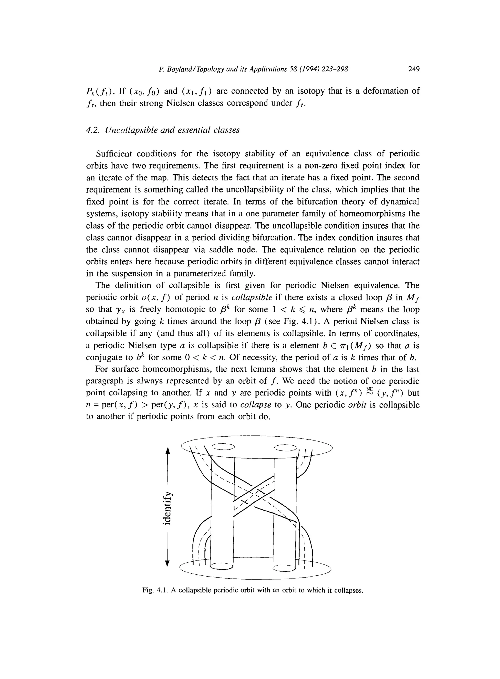 P Boyland/Topology and its Applications 58 (1994) 223-298 249
P,( ft>. If (x0, fa) and (xi, fl ) are connected by an isotopy that is a deformation of
fr, then their strong Nielsen classes correspond under fr.
4.2. Uncollapsible and essential classes
Sufficient conditions for the isotopy stability of an equivalence class of periodic
orbits have two requirements. The first requirement is a non-zero fixed point index for
an iterate of the map. This detects the fact that an iterate has a fixed point. The second
requirement is something called the uncollapsibility of the class, which implies that the
fixed point is for the correct iterate. In terms of the bifurcation theory of dynamical
systems, isotopy stability means that in a one parameter family of homeomorphisms the
class of the periodic orbit cannot disappear. The uncollapsible condition insures that the
class cannot disappear in a period dividing bifurcation. The index condition insures that
the class cannot disappear via saddle node. The equivalence relation on the periodic
orbits enters here because periodic orbits in different equivalence classes cannot interact
in the suspension in a parameterized family.
The definition of collapsible is first given for periodic Nielsen equivalence. The
periodic orbit 0(x, f) of period n is collapsible if there exists a closed loop /3 in Mf
so that yX is freely homotopic to pk for some 1 < k < n, where pk means the loop
obtained by going k times around the loop p (see Fig. 4.1) . A period Nielsen class is
collapsible if any (and thus all) of its elements is collapsible. In terms of coordinates,
a periodic Nielsen type a is collapsible if there is a element b E n-1(Mf) so that a is
conjugate to bk for some 0 < k < n. Of necessity, the period of a is k times that of b.
For surface homeomorphisms, the next lemma shows that the element b in the last
paragraph is always represented by an orbit of f. We need the notion of one periodic
point collapsing to another. If x and y are periodic points with (x, f”) z (y, f”) but
n = pert x, f) > per(y, f), x is said to collapse to y. One periodic orbit is collapsible
to another if periodic points from each orbit do.
f
Fig. 4.1. A collapsible periodic orbit with an orbit to which it collapses.
 