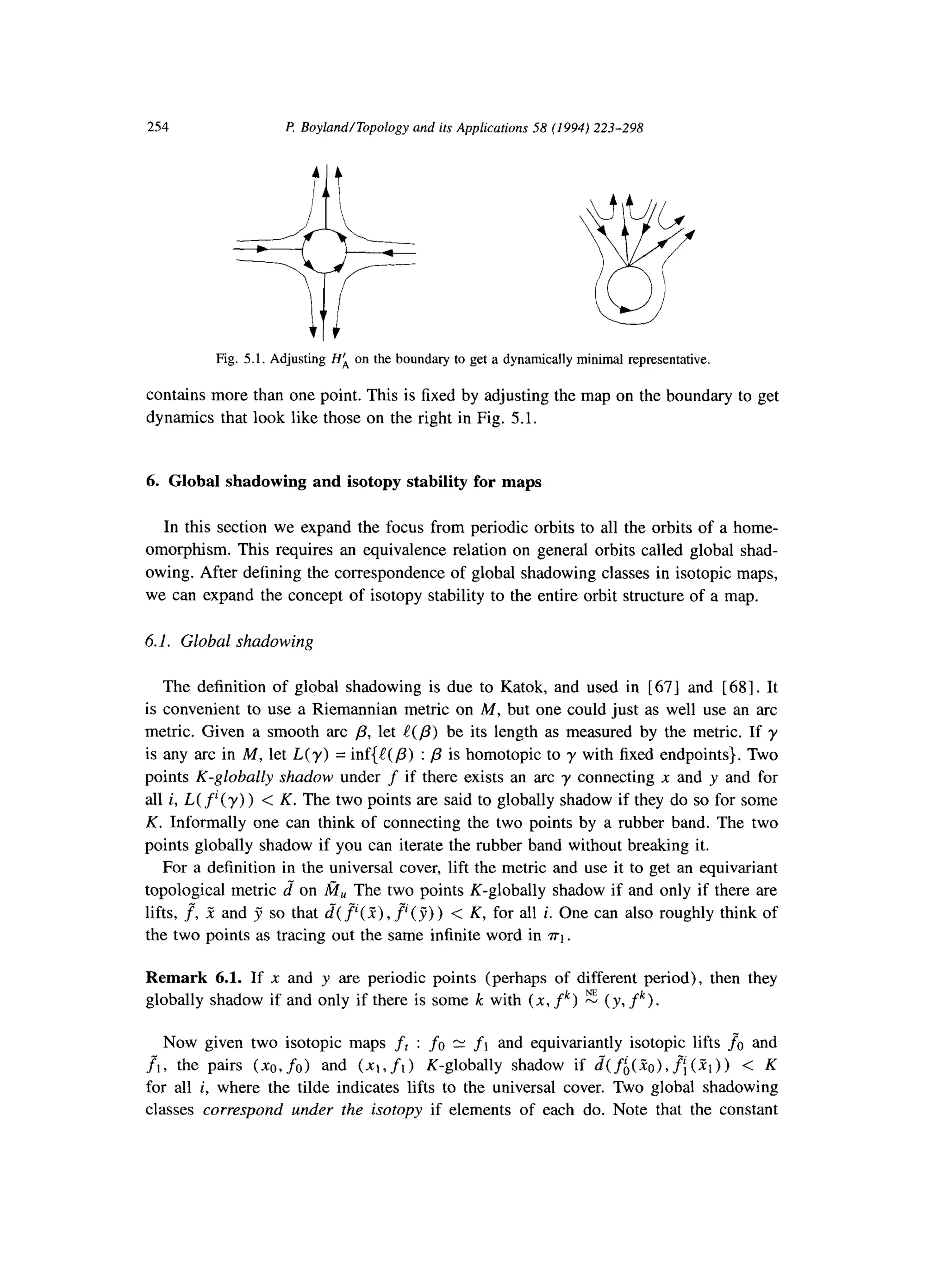254 I? Boyland/Topology and its Applications 58 (1994) 223-298
Fig. 5.1. Adjusting Ha on the boundary to get a dynamically minimal representative
contains more than one point. This is fixed by adjusting the map on the boundary to get
dynamics that look like those on the right in Fig. 5.1.
6. Global shadowing and isotopy stability for maps
In this section we expand the focus from periodic orbits to all the orbits of a home-
omorphism. This requires an equivalence relation on general orbits called global shad-
owing. After defining the correspondence of global shadowing classes in isotopic maps,
we can expand the concept of isotopy stability to the entire orbit structure of a map.
6.1. Global shadowing
The definition of global shadowing is due to Katok, and used in [671 and [ 681. It
is convenient to use a Riemannian metric on M, but one could just as well use an arc
metric. Given a smooth arc p, let e(p) be its length as measured by the metric. If y
is any arc in M, let L(y) = inf{e(p) : j? is homotopic to y with fixed endpoints}. Two
points K-globally shadow under f if there exists an arc y connecting x and y and for
all i, L( f(r) > < K. The two points are said to globally shadow if they do so for some
K. Informally one can think of connecting the two points by a rubber band. The two
points globally shadow if you can iterate the rubber band without breaking it.
For a definition in the universal cover, lift the metric and use it to get an equivariant
topological metric d on fi, The two points K-globally shadow if and only if there are
lifts, f”, 5 and 3 so that d( F(X), p( 9) ) < K, for all i. One can also roughly think of
the two points as tracing out the same infinite word in ~1.
Remark 6.1. If x and y are periodic points (perhaps of different period), then they
globally shadow if and only if there is some k with (x, fk) E (y, fk).
Now given two isotopic maps fr : fo 21 fl and equivariantly isotopic lifts ?a and
ft, the pairs (xo,fo) and (xt,ft) K-globally shadow if d(fi(Zc),fi(Rt)) < K
for all i, where the tilde indicates lifts to the universal cover. Two global shadowing
classes correspond under the isotopy if elements of each do. Note that the constant
 
