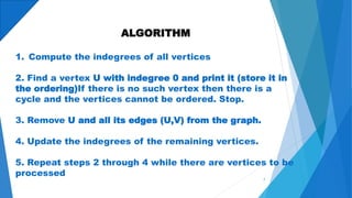 ALGORITHM
1. Compute the indegrees of all vertices
2. Find a vertex U with indegree 0 and print it (store it in
the ordering)If there is no such vertex then there is a
cycle and the vertices cannot be ordered. Stop.
3. Remove U and all its edges (U,V) from the graph.
4. Update the indegrees of the remaining vertices.
5. Repeat steps 2 through 4 while there are vertices to be
processed
7
 