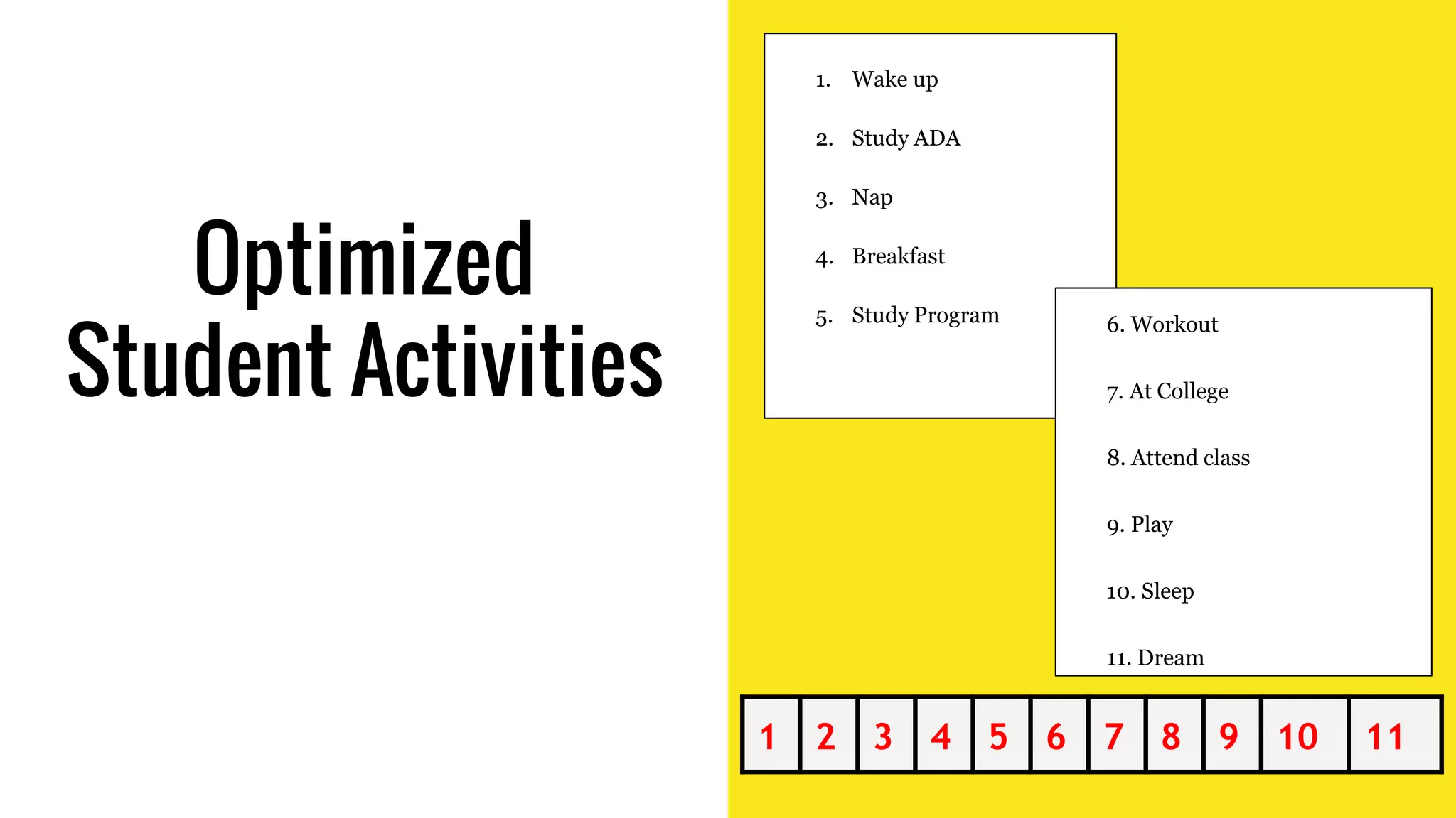 Optimized
Student Activities
1. Wake up
2. Study ADA
3. Nap
4. Breakfast
5. Study Program
1 2 3 4 5 6 7 8 9 10 11
6. Workout
7. At College
8. Attend class
9. Play
10. Sleep
11. Dream
 