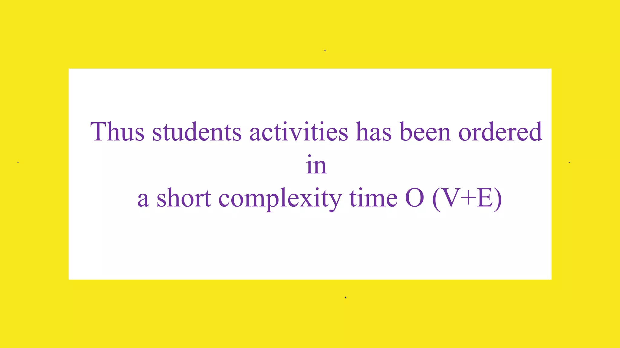 39
Thus students activities has been ordered
in
a short complexity time O (V+E)
 