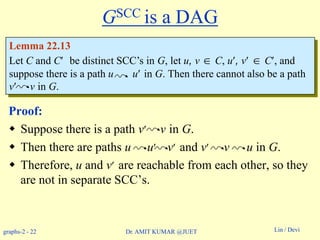 graphs-2 - 22 Lin / DeviDr. AMIT KUMAR @JUET
GSCC is a DAG
Proof:
 Suppose there is a path v v in G.
 Then there are paths u u v and v v u in G.
 Therefore, u and v are reachable from each other, so they
are not in separate SCC’s.
Lemma 22.13
Let C and C be distinct SCC’s in G, let u, v  C, u, v  C, and
suppose there is a path u u in G. Then there cannot also be a path
v v in G.
 
