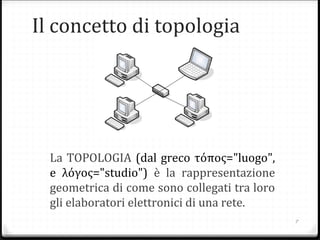 La TOPOLOGIA (dal greco τόπος="luogo",
e λόγος="studio") è la rappresentazione
geometrica di come sono collegati tra loro
gli elaboratori elettronici di una rete.
Il concetto di topologia
7
 