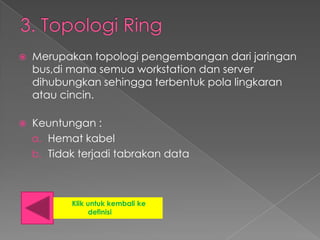    Merupakan topologi pengembangan dari jaringan
    bus,di mana semua workstation dan server
    dihubungkan sehingga terbentuk pola lingkaran
    atau cincin.

   Keuntungan :
    a. Hemat kabel
    b. Tidak terjadi tabrakan data



           Klik untuk kembali ke
                 definisi
 