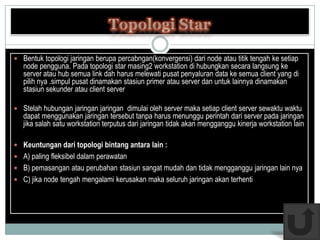  Bentuk topologi jaringan berupa percabngan(konvergensi) dari node atau titik tengah ke setiap
   node pengguna. Pada topologi star masing2 workstation di hubungkan secara langsung ke
   server atau hub semua link dah harus melewati pusat penyaluran data ke semua client yang di
   pilih nya .simpul pusat dinamakan stasiun primer atau server dan untuk lainnya dinamakan
   stasiun sekunder atau client server

 Stelah hubungan jaringan jaringan dimulai oleh server maka setiap client server sewaktu waktu
   dapat menggunakan jaringan tersebut tanpa harus menunggu perintah dari server pada jaringan
   jika salah satu workstation terputus dari jaringan tidak akan mengganggu kinerja workstation lain

 Keuntungan dari topologi bintang antara lain :
 A) paling fleksibel dalam perawatan
 B) pemasangan atau perubahan stasiun sangat mudah dan tidak mengganggu jaringan lain nya
 C) jika node tengah mengalami kerusakan maka seluruh jaringan akan terhenti
 
