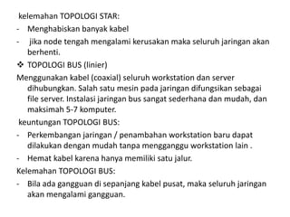 kelemahan TOPOLOGI STAR:
- Menghabiskan banyak kabel
- jika node tengah mengalami kerusakan maka seluruh jaringan akan
   berhenti.
 TOPOLOGI BUS (linier)
Menggunakan kabel (coaxial) seluruh workstation dan server
   dihubungkan. Salah satu mesin pada jaringan difungsikan sebagai
   file server. Instalasi jaringan bus sangat sederhana dan mudah, dan
   maksimah 5-7 komputer.
 keuntungan TOPOLOGI BUS:
- Perkembangan jaringan / penambahan workstation baru dapat
   dilakukan dengan mudah tanpa mengganggu workstation lain .
- Hemat kabel karena hanya memiliki satu jalur.
Kelemahan TOPOLOGI BUS:
- Bila ada gangguan di sepanjang kabel pusat, maka seluruh jaringan
   akan mengalami gangguan.
 