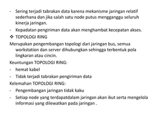 - Sering terjadi tabrakan data karena mekanisme jaringan relatif
   sederhana dan jika salah satu node putus mengganggu seluruh
   kinerja jaringan.
- Kepadatan pengiriman data akan menghambat kecepatan akses.
 TOPOLOGI RING
Merupakan pengembangan topologi dari jaringan bus, semua
   workstation dan server dihubungkan sehingga terbentuk pola
   lingkaran atau cincin.
Keuntungan TOPOLOGI RING:
- hemat kabel
- Tidak terjadi tabrakan pengiriman data
Kelemahan TOPOLOGI RING:
- Pengembangan jaringan tidak kaku
- Setiap node yang terdapatdalam jaringan akan ikut serta mengelola
   informasi yang dilewatkan pada jaringan .
 