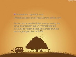 Kelemahan topologi star
1.Menghabiskan banyak kabel,karena setiap work

Station harus memiliki kabel masing-masing dan
harus menyediakan hub u/ trminal pusatnya
2.Jika node tengah mengalami kerusakan,maka
seluruh jaringan akan berhenti
 