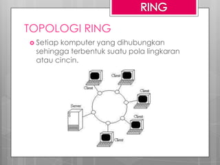 TOPOLOGI RING
 Setiap komputer yang dihubungkan
sehingga terbentuk suatu pola lingkaran
atau cincin.
 
