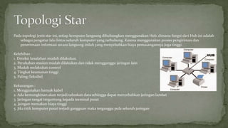 Pada topologi jenis star ini, setiap komputer langsung dihubungkan menggunakan Hub, dimana fungsi dari Hub ini adalah 
sebagai pengatur lalu lintas seluruh komputer yang terhubung. Karena menggunakan proses pengiriman dan 
penerimaan informasi secara langsung inilah yang menyebabkan biaya pemasangannya juga tinggi. 
Kelebihan : 
1. Deteksi kesalahan mudah dilakukan 
2. Perubahan stasiun mudah dilakukan dan tidak mengganggu jaringan lain 
3. Mudah melakukan control 
4. Tingkat keamanan tinggi 
5. Paling fleksibel 
Kekurangan : 
1. Menggunakan banyak kabel 
2. Ada kemungkinan akan terjadi tabrakan data sehingga dapat menyebabkan jaringan lambat 
3. Jaringan sangat tergantung kepada terminal pusat 
4. Jaingan memakan biaya tinggi 
5. Jika titik komputer pusat terjadi gangguan maka terganggu pula seluruh jaringan 
 
