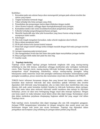 Kelebihan :
1. Kerusakan pada satu saluran hanya akan memengaruhi jaringan pada saluran tersebut dan
station yang terpaut.
2. Tingkat keamanan termasuk tinggi.
3. Tahan terhadap lalu lintas jaringan yang sibuk.
4. Penambahan dan pengurangan station dapat dilakukan dengan mudah.
5. Akses Kontrol terpusat, sehingga dapat meningkatkanunjuk kerja jaringan.
6. Kemudahan deteksi dan isolasi kesalahan/kerusakan pengelolaan jaringan.
7. Felksibel terhadap pengembangan/perluasan jaringan.
8. Memiliki bandwidth atau lebar jalur komunikasi yang lancer karena setiap komputer
mempunyai kabel sendiri.
9. kekurangan :
10. Jika node tengah mengalami kerusakan, maka seluruh rangkaian akan berhenti.
11. Boros dalam pemakaian kabel.
12. HUB jadi elemen kritis karena kontrol terpusat.
13. Peran hub sangat sensitif sehinga ketika terdapat masalah dengan hub maka jaringan tersebut
akan down.
14. Jaringan tergantung pada terminal pusat.
15. Jika menggunakan switch dan lalu lintas data padat dapat menyebabkan jaringan lambat.
16. Biaya jaringan lebih mahal dari pada bus atau ring.
17. Gambar susah.
2. Topologi cincin/ring
Topologi cincin adalah topologi jaringan berbentuk rangkaian titik yang masing-masing
terhubung ke dua titik lainnya, sedemikian sehingga membentuk jalur melingkar membentuk
cincin. Pada Topologi cincin, masing-masing titik/node berfungsi sebagai repeater yang akan
memperkuat sinyal disepanjang sirkulasinya, artinya masing-masing perangkat saling
bekerjasama untuk menerima sinyal dari perangkat sebelumnya kemudian meneruskannya pada
perangkat sesudahnya, proses menerima dan meneruskan sinyal data ini dibantu oleh TOKEN.
TOKEN berisi informasi bersamaan dengan data yang berasal dari komputer sumber, token
kemudian akan melewati titik/node dan akan memeriksa apakah informasi data tersebut
digunakan oleh titik/node yang bersangkutan, jika ya maka token akan memberikan data yang
diminta oleh node untuk kemudian kembali berjalan ke titik/node berikutnya dalam jaringan.
Jika tidak maka token akan melewati titik/node sambil membawa data menuju ke titik/node
berikutnya. proses ini akan terus berlangsung hingga sinyal data mencapi tujuannya. Dengan
cara kerja seperti ini maka kekuatan sinyal dalam aliran data dapat terjaga. Kemampuan sinyal
data dalam melakukan perjalanan disepanjang lingkaran adalah hal yang sangat vital dalam
Topologi cincin.
Pada topologi cincin, komunikasi data dapat terganggu jika satu titik mengalami gangguan.
Jaringan FDDI mengantisipasi kelemahan ini dengan mengirim data searah jarum jam dan
berlawanan dengan arah jarum jam secara bersamaan. Topologi ring digunakan dalam
jaringuhkan saat komputer yang terhubung ke jaringan dalam jumlah yang banyak.
 