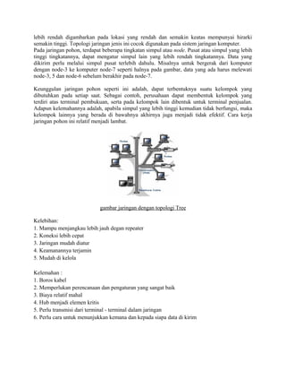 lebih rendah digambarkan pada lokasi yang rendah dan semakin keatas mempunyai hirarki
semakin tinggi. Topologi jaringan jenis ini cocok digunakan pada sistem jaringan komputer.
Pada jaringan pohon, terdapat beberapa tingkatan simpul atau node. Pusat atau simpul yang lebih
tinggi tingkatannya, dapat mengatur simpul lain yang lebih rendah tingkatannya. Data yang
dikirim perlu melalui simpul pusat terlebih dahulu. Misalnya untuk bergerak dari komputer
dengan node-3 ke komputer node-7 seperti halnya pada gambar, data yang ada harus melewati
node-3, 5 dan node-6 sebelum berakhir pada node-7.
Keunggulan jaringan pohon seperti ini adalah, dapat terbentuknya suatu kelompok yang
dibutuhkan pada setiap saat. Sebagai contoh, perusahaan dapat membentuk kelompok yang
terdiri atas terminal pembukuan, serta pada kelompok lain dibentuk untuk terminal penjualan.
Adapun kelemahannya adalah, apabila simpul yang lebih tinggi kemudian tidak berfungsi, maka
kelompok lainnya yang berada di bawahnya akhirnya juga menjadi tidak efektif. Cara kerja
jaringan pohon ini relatif menjadi lambat.
gambar jaringan dengan topologi Tree
Kelebihan:
1. Mampu menjangkau lebih jauh degan repeater
2. Koneksi lebih cepat
3. Jaringan mudah diatur
4. Keamanannya terjamin
5. Mudah di kelola
Kelemahan :
1. Boros kabel
2. Memperlukan perencanaan dan pengaturan yang sangat baik
3. Biaya relatif mahal
4. Hub menjadi elemen kritis
5. Perlu transmisi dari terminal - terminal dalam jaringan
6. Perlu cara untuk menunjukkan kemana dan kepada siapa data di kirim
 