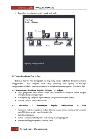 September 23, 2016 [TOPOLOGI JARINGAN]
11 Di buat oleh :| khairun nisak
 diperlukan pengulang (repeater) untuk jarak jauh.
Topologi Jaringan Linier
H. Topologi Jaringan Peer to Peer
Topologi Peer to Peer merupakan topologi yang sangat sederhana dikarenakan hanya
menggunakan 2 buah komputer untuk saling terhubung. Pada topologi ini biasanya
menggunakan satu kabel yang menghubungkan antar komputer untuk proses pertukaran data.
h.2. Keuntungan / Kelebihan Topologi Jaringan Peer to Peer
 Biaya pengadaan lebih murah karena tidak memerlukan komputer server maupun
perangkat penghubung jaringan
 Masing-masing komputer dapat berperan sebagai client maupun server.
 Instalasi jaringan yang cukup mudah.
h.3. Kelemahan / Kekurangan Topolgi Jaringan Peer to Peer
 Keamanan pada topologi jenis ini bisa dibilang sangat rentan. karena setiap komputer
memiliki sistem scurity yang berbeda-beda.
 Sulit dikembangkan.
 Sistem keamanan di konfigurasi oleh masing-masing pengguna.
 Troubleshooting jaringan bisa dibilang rumit.
 