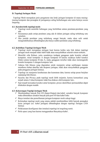 September 23, 2016 [TOPOLOGI JARINGAN]
6 Di buat oleh :| khairun nisak
D. Topologi Jaringan Mesh
Topologi Mesh merupakan jenis pengaturan tata letak jaringan komputer di mana masing-
masing komputer dan perangkat di jaringannya saling berhubungan satu sama lainnya secara
langsung.
d.1. Karakteristik topologi mesh:
 Topologi mesh memiliki hubungan yang berlebihan antara peralatan-peralatan yang
ada.
 Susunannya pada setiap peralatan yang ada di dalam jaringan saling terhubung satu
samalain.
 Jika jumlah peralatan yang terhubung sangat banyak, maka akan sulit untuk
mengendalikannya dibandingkan jika hanya sedikit peralatan yang terhubung.
d.2. Kelebihan Topologi Jaringan Mesh
 Topologi mesh merupakan jaringan kuat karena ketika satu link dalam topologi
jaringan mesh menjadi tidak stabil tidak akan menyebabkan seluruh sistem terhenti.
 Memiliki sifat Robust, yaitu seandainya terdapat gangguan pada koneksi sebuah
komputer, misal komputer A dengan komputer B karena rusaknya kabel koneksi
(links) antara komputer B dan A, maka gangguan tersebut tidak akan memengaruhi
koneksi komputer A dengan komputer lain.
 Adanya link khusus yang digunakan untuk menjamin setiap sambungan mampu
membawa beban dataJika ada ekspansi jaringan, tidak akan menyebabkan gangguan
pada pengguna jaringan lainnya.
 Topologi ini menjamin kerahasiaan dan keamanan data, karena setiap pesan berjalan
sepanjang link khusus.
 Security dan Privacy pada topologi mesh lebih terjamin, karena komunikasi yang
terjadi antara 2 (dua) komputer tidak bisa diakses oleh komputer lain..
 Saat terjadi kerusakan koneksi antar komputer, proses identifikasi permasalahan dapat
dilakukan dengan mudah.

d.3. Kekurangan Topolgi Jaringan Mesh
 Membutuhkan banyak Port I/O (Input-Output) dan kabel. semakin banyak komputer
maka dibutuhkan semakin banyak pula port I/O dan kabel links
 Biaya instalasi dan pemeliharaan jaringan komputer mesh cukup tinggi.
 Kelemahan topologi mesh yang utama adalah membutuhkan lebih banyak perangkat
keras jaringan (ex: kabel jaringan) dibandingkan dengan topologi Jaringan LAN
lainnya
 Pelaksanaan (konfigurasi dan instalasi) topologi ini tergolong rumit.
 Perlu space yang luas karena menggunakan Banyaknya kabel .
 