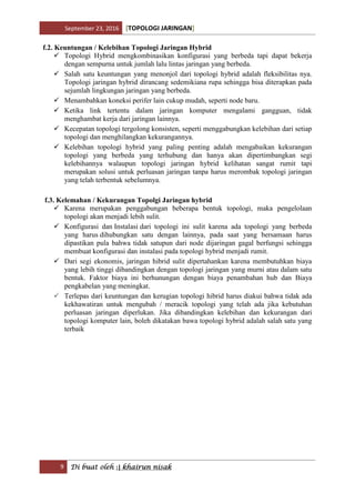 September 23, 2016 [TOPOLOGI JARINGAN]
9 Di buat oleh :| khairun nisak
f.2. Keuntungan / Kelebihan Topologi Jaringan Hybrid
 Topologi Hybrid mengkombinasikan konfigurasi yang berbeda tapi dapat bekerja
dengan sempurna untuk jumlah lalu lintas jaringan yang berbeda.
 Salah satu keuntungan yang menonjol dari topologi hybrid adalah fleksibilitas nya.
Topologi jaringan hybrid dirancang sedemikiana rupa sehingga bisa diterapkan pada
sejumlah lingkungan jaringan yang berbeda.
 Menambahkan koneksi perifer lain cukup mudah, seperti node baru.
 Ketika link tertentu dalam jaringan komputer mengalami gangguan, tidak
menghambat kerja dari jaringan lainnya.
 Kecepatan topologi tergolong konsisten, seperti menggabungkan kelebihan dari setiap
topologi dan menghilangkan kekurangannya.
 Kelebihan topologi hybrid yang paling penting adalah mengabaikan kekurangan
topologi yang berbeda yang terhubung dan hanya akan dipertimbangkan segi
kelebihannya walaupun topologi jaringan hybrid kelihatan sangat rumit tapi
merupakan solusi untuk perluasan jaringan tanpa harus merombak topologi jaringan
yang telah terbentuk sebelumnya.
f.3. Kelemahan / Kekurangan Topolgi Jaringan hybrid
 Karena merupakan penggabungan beberapa bentuk topologi, maka pengelolaan
topologi akan menjadi lebih sulit.
 Konfigurasi dan Instalasi dari topologi ini sulit karena ada topologi yang berbeda
yang harus dihubungkan satu dengan lainnya, pada saat yang bersamaan harus
dipastikan pula bahwa tidak satupun dari node dijaringan gagal berfungsi sehingga
membuat konfigurasi dan instalasi pada topologi hybrid menjadi rumit.
 Dari segi ekonomis, jaringan hibrid sulit dipertahankan karena membutuhkan biaya
yang lebih tinggi dibandingkan dengan topologi jaringan yang murni atau dalam satu
bentuk. Faktor biaya ini berhunungan dengan biaya penambahan hub dan Biaya
pengkabelan yang meningkat.
 Terlepas dari keuntungan dan kerugian topologi hibrid harus diakui bahwa tidak ada
kekhawatiran untuk mengubah / meracik topologi yang telah ada jika kebutuhan
perluasan jaringan diperlukan. Jika dibandingkan kelebihan dan kekurangan dari
topologi komputer lain, boleh dikatakan bawa topologi hybrid adalah salah satu yang
terbaik
 