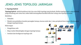 7. Topologi Hybird
Topologi hybrid adalah kombinasi dari dua atau lebih topologi yang berbeda. Ketika topologi dasar yang berbeda
yang terhubung satu sama lain, maka tidak menampilkan karakteristik dari setiap satu topologi tertentu.
Kelebihan
 Fleksibel.
 Mudah menambahkan koneksi perangkat lainnya, karena node dan / atau peripheral baru dapat dihubungkan
dengan topologi lainnya.
Kekurangan
 Pengelolaan sulit
 Biaya mahal dibandingkan dengan topologi lainnya
 Instalasi dan konfigurasi topologi sulit
 