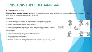 9. Topologi Peer to Peer
Topologi Peer-to-peer network adalah jaringan komputer yang terdiri dari beberapa komputer (biasanya tidak
lebih dari 10 komputer dengan 1-2 printer).
Kelebihan
 Antar komputer dalam jaringan dapat saling berbagi-pakai
 Biaya operasional relatif lebih murah
 Kelangsungan kerja jaringan tidak tergantung pada satu server.
Kekurangan
 Troubleshooting jaringan relatif lebih sulit.
 Unjuk kerja lebih rendah
 Sistem keamanan jaringan ditentukan oleh masing-masing user
 