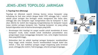 3. Topologi Star (Bintang)
Topologi ini dibentuk seperti bintang karena semua komputer yang
terhubung ke hub atau switch dengan kabel UTP, sehingga hub / switch
adalah pusat jaringan dan bertugas untuk mengontrol lalu lintas data,
sehingga jika satu komputer ingin mengirimkan data ke komputer 4, data
akan dikirim ke switch dan langsung mengirimkannya ke komputer tujuan
tanpa melalui jaringan komputer lain. Topologi komputer ini yang paling
banyak digunakan saat ini karena keuntungan yang lebih.
 Keuntungan dari topologi ini sangat mudah untuk mendeteksi di mana
komputer rusak, maka mudah untuk melakukan penambahan atau
pengurangan tanpa mengganggu komputer lain, serta tingkat keamanan
data yang lebih tinggi,.
 Kelemahan dari ini adalah topologi jaringan komputer, membutuhkan
biaya tinggi untuk instalasi, karena membutuhkan banyak kabel dan
switch / hub, dan stabilitas jaringan sangat tergantung pada terminal
pusat, sehingga jika switch / hub terganggu, seluruh jaringan terganggu.
 
