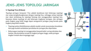 5. Topologi Tree (Pohon)
Topologi jaringan komputer Tree adalah kombinasi dari beberapa topologi
star yang menghubungkannya dengan topologi bus, sehingga setiap topologi
star akan terhubung ke topologi bintang lain menggunakan topologi bus,
biasanya dalam topologi ini ada beberapa tingkatan jaringan, dan jaringan
pada tingkat yang lebih tinggi dapat mengontrol jaringan yang berada pada
tingkat yang lebih rendah.
 Topologi pohon Kelebihannya adalah mudah untuk menemukan kesalahan
dan juga mudah melakukan perubahan ke jaringan jika diperlukan.
 Kekurangan topologi ini menggunakan banyak kabel, sering tabrakan dan
lambat, jika kesalahan terjadi di tingkat jaringan tinggi, maka jaringan
tingkat rendah akan terganggu juga.
 