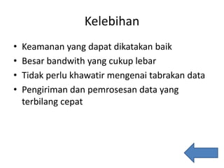 Kelebihan
• Keamanan yang dapat dikatakan baik
• Besar bandwith yang cukup lebar
• Tidak perlu khawatir mengenai tabrakan data
• Pengiriman dan pemrosesan data yang
terbilang cepat
 