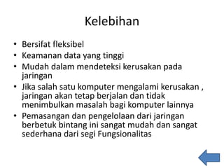 Kelebihan
• Bersifat fleksibel
• Keamanan data yang tinggi
• Mudah dalam mendeteksi kerusakan pada
jaringan
• Jika salah satu komputer mengalami kerusakan ,
jaringan akan tetap berjalan dan tidak
menimbulkan masalah bagi komputer lainnya
• Pemasangan dan pengelolaan dari jaringan
berbetuk bintang ini sangat mudah dan sangat
sederhana dari segi Fungsionalitas
 