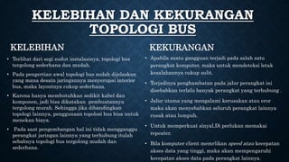 • Terlihat dari segi sudut instalasinya, topologi bus
tergolong sederhana dan mudah.
• Pada pengertian awal topologi bus sudah dijelaskan
yang mana desain jaringannya menyerupai interior
bus, maka layoutnya cukup sederhana.
• Karena hanya membutuhkan sedikit kabel dan
komponen, jadi bisa dikatakan pembuatannya
tergolong murah. Sehingga jika dibandingkan
topologi lainnya, penggunaan topolosi bus bisa untuk
menekan biaya.
• Pada saat pengembangan hal ini tidak mengganggu
perangkat jaringan lainnya yang terhubung itulah
sebabnya topologi bus tergolong mudah dan
sederhana.
• Apabila suatu gangguan terjadi pada salah satu
perangkat komputer, maka untuk mendeteksi letak
kesalahannya cukup sulit.
• Terjadinya penghambatan pada jalur perangkat ini
disebabkan terlalu banyak perangkat yang terhubung .
• Jalur utama yang mengalami kerusakan atau eror
maka akan menyebabkan seluruh perangkat lainnya
rusak atau lumpuh.
• Untuk memperkuat sinyal,Di perlukan memakai
repeater.
• Bila komputer client memrlikan speed atau kecepatan
akses data yang tinggi, maka akan mempengaruhi
kecepatan akses data pada perangkat lainnya.
KELEBIHAN DAN KEKURANGAN
TOPOLOGI BUS
KELEBIHAN KEKURANGAN
 