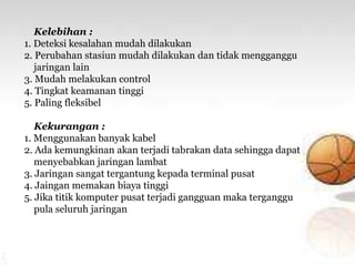 Kelebihan :
1. Deteksi kesalahan mudah dilakukan
2. Perubahan stasiun mudah dilakukan dan tidak mengganggu
jaringan lain
3. Mudah melakukan control
4. Tingkat keamanan tinggi
5. Paling fleksibel
Kekurangan :
1. Menggunakan banyak kabel
2. Ada kemungkinan akan terjadi tabrakan data sehingga dapat
menyebabkan jaringan lambat
3. Jaringan sangat tergantung kepada terminal pusat
4. Jaingan memakan biaya tinggi
5. Jika titik komputer pusat terjadi gangguan maka terganggu
pula seluruh jaringan
 