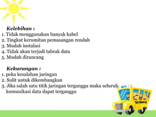 Kelebihan :
1. Tidak menggunakan banyak kabel
2. Tingkat kerumitan pemasangan rendah
3. Mudah instalasi
4. Tidak akan terjadi tabrak data
5. Mudah dirancang
Kekurangan :
1. peka kesalahan jaringan
2. Sulit untuk dikembangkan
3. Jika salah satu titik jaringan terganggu maka seluruh
komunikasi data dapat terganggu
 
